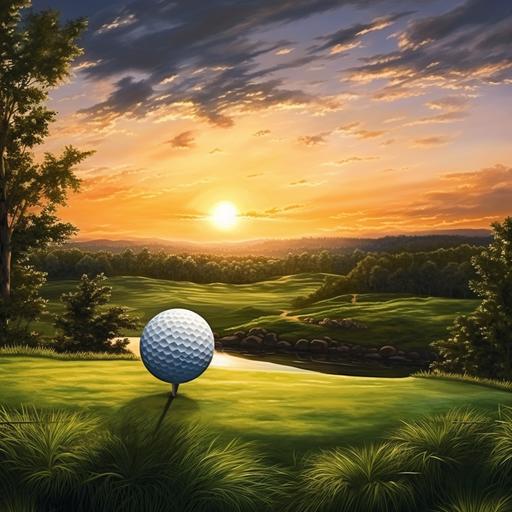 golf ball on tee, overlooking a lush green fairway with rolling hills and a watercolor sunset