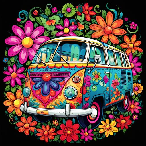 hippie flowers. vw bus, peace signs, vibrant colors, illustration