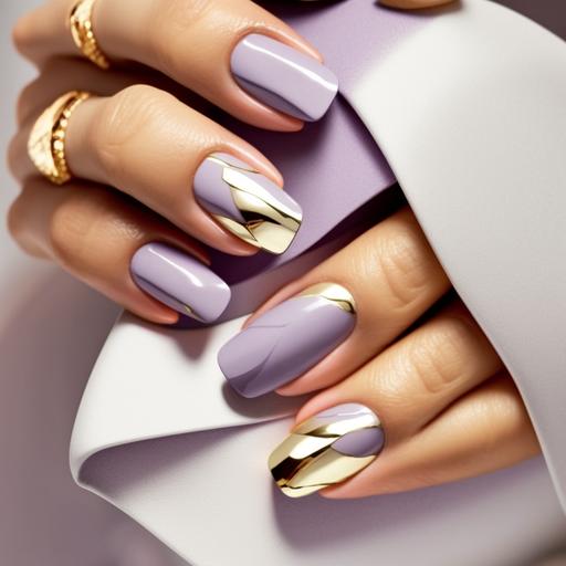 beautiful woman hands with painted nails polished in pale purple and gold nail polish