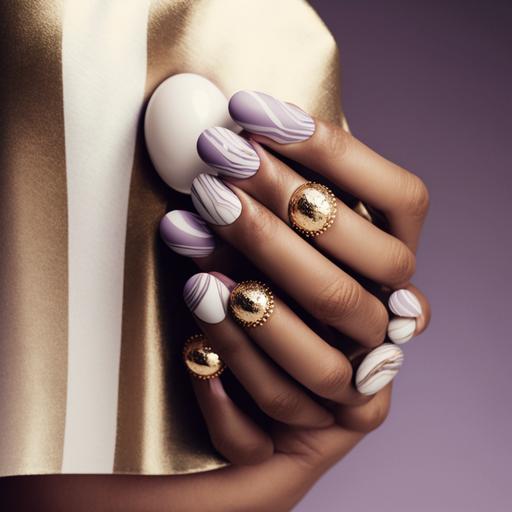 beautiful woman hands with painted nails polished in pale purple and gold nail polish