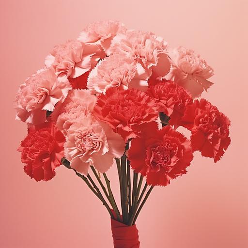 1960s mod-style photo of modest bouquet of pink carnations, Valentines Day, vintage photography, minimal, mod, monochromatic, red and pink