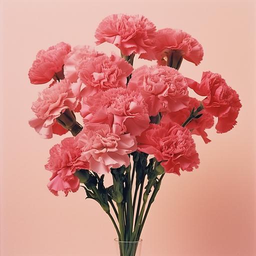 1960s mod-style photo of modest bouquet of pink carnations, Valentines Day, vintage photography, minimal, mod, monochromatic, red and pink