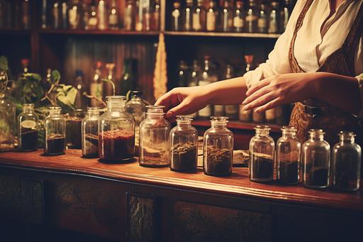 closeup of woman's hands pouring an herbal tincture into an antique bottle, apothecary shelves filled with herbs and tinctures, 1960s rustic, health ad, vintage photography. --ar 3:2
