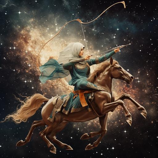 aerial view of female horse archer with a bow on one hand in traditional ottoman costume with scarf focused on target in space, arrow flying to target