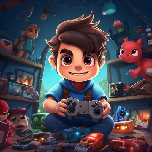 youtube game play channel banner with a boy of 5 years old dark brown hair playing xbox an all de nintendo characters arround de banner. cartoon imagen, 4k
