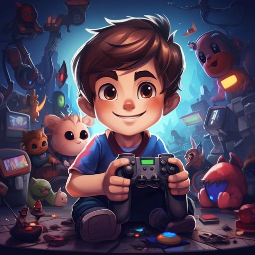 youtube game play channel banner with a boy of 5 years old dark brown hair playing xbox an all de nintendo characters arround de banner. cartoon imagen, 4k