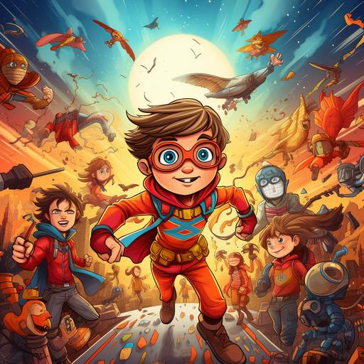 Kids Illustratuin, too much Heroes, cartoon style, tick lines, low detail, vivid color ar9:11