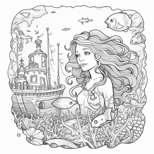 coloring page for adult, Under the sea, a sunken ship with sea animals and mermaid, cartoon style, thick lines, low detail, no shadow, no shading ar 9:11