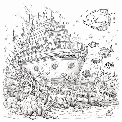 coloring page for adult, Under the sea, a sunken ship with sea animals and mermaid, cartoon style, thick lines, low detail, no shadow, no shading ar 9:11