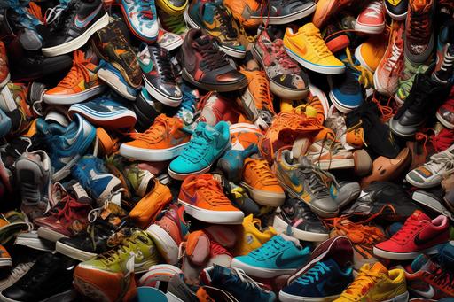 In the cluttered closet, 30 pairs of sneakers jumble together in a chaotic array of colors and styles. A vibrant, sneaker-filled mess reflecting personal style and fashion abundance high detail, 64k, ultra hd, --ar 3:2