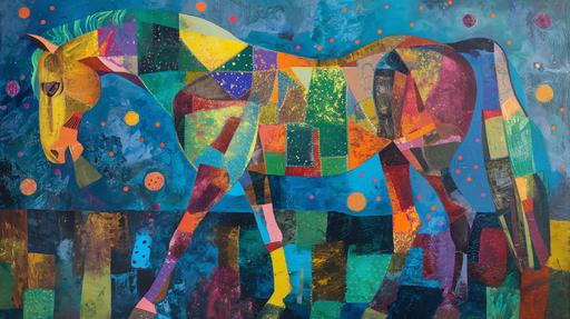 a horse in an Abstract school, composition of points, lines, and surfaces, Symbolist style. The entire canvas has a rough Tiffany pastel blue background, with lemon yellow, orange yellow, orange, pomegranate red, pink, Harvard red, light blue, deep blue, peacock blue, light green, dark green, peacock green, emerald, silver, silver gray, dark gray, brown, ochre, brown, coffee, ochre, cyan, navy blue, indigo, and purple distributed without any hierarchy. Soft purple and racing green dots and strands permeate throughout. --ar 16:9 --v 6.0