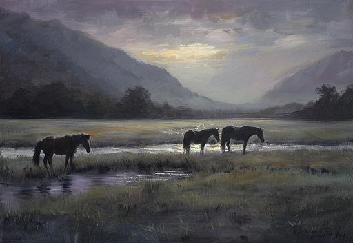 oil painting of horses in a field and a river, in the style of light purple and dark gray, soft pastel scenes, eleanor vere boyle, brooding mood, artist's frame, debbie fleming caffery, saturated pigment pools --ar 16:11
