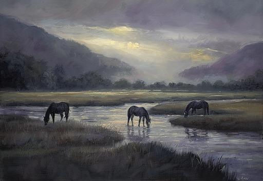 oil painting of horses in a field and a river, in the style of light purple and dark gray, soft pastel scenes, eleanor vere boyle, brooding mood, artist's frame, debbie fleming caffery, saturated pigment pools --ar 16:11