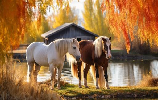 realistic photo of 2 beautiful horse eating hay by a small barn and glowing pond in the colorful fall, --ar 19:12
