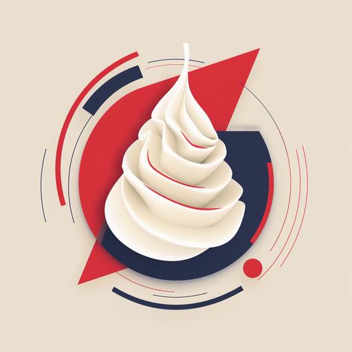 a minimalist and trendy logo for gelato, featuring white gelato swirl in a paper bowl, complemented by geometric shapes in red and blue, . Within a circular frame, integrate subtle movement, such as stripes or abstract lines, with the outer area adorned with a pattern of squares and stripes for added depth. Flat design and transparent background.Only use Red and Black color .Linesa re clear. Outlines are bold. 8k.