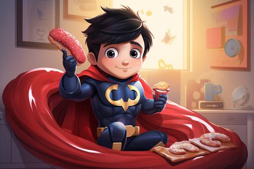 a little boy with black hair dressed in a superhero costume that has letters EA on his chest eating a donut in his bedroom, cartoon style, kids illustration --ar 3:2