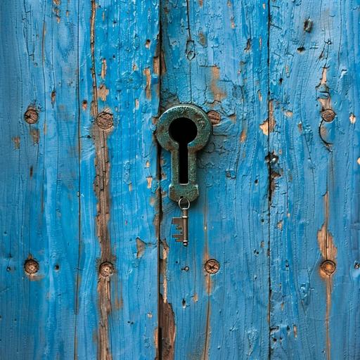 8970_Beautiful blue wooden door with a vintage key inserted into the keyhole --ar 1:1