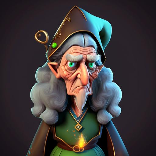8K Hyperealistic medieval cartoon old wise wizard lady, brown wizard dress with gold thread. She has long, jet-black hair that cascades down to her waist in gentle curls with dazzling green gemstones. She has bright blue eyes and holds a wand. Behind her, hills with lava rivers flowing down.