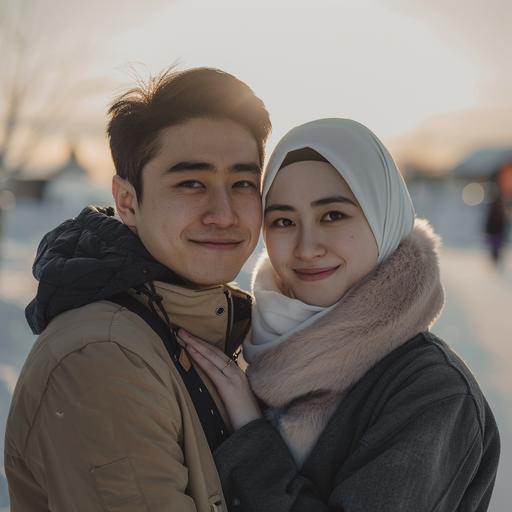 ((8K, RAW Photos, Photography, Photorealistic, Highest Quality, Intricate Details)), Medium shot, of A 25 year old Korean man (light white skin, Ideal body, fit body, medium hair, wearing a winter jacket, side by side with a 25 year old Korean woman (with white hijab, gray winter jacket), they smile facing the camera, with levi lapland view in the background, Near sunrise, 800mm lens, realistic, hyperrealistic, photography, professional photography, deep photography, ultra HD, ultra high quality, best quality, midway quality, HDR photo, focus photo, deep focus, ultra detailed, real photo, original photo, ultra sharp, nature photo, masterpiece, award winner, shot with hasselblad x2d — 2:3