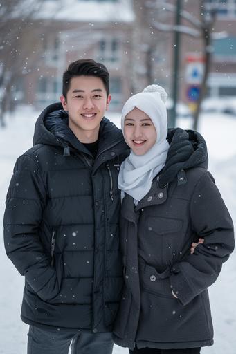 8K, RAW Photos, Photography, Photorealistic, Highest Quality, Intricate Details, Fullbody shot, of A 25 year old Korean man, white skin, Ideal body, fit body, two block hairstyle, wearing a black winter jacket, side by side with a 25 year old Korean woman (with white hijab, gray winter jacket), they smile facing the camera, with levi lapland view in the background, 800mm lens, realistic, hyperrealistic, photography, professional photography, deep photography, ultra HD, ultra high quality, best quality, midway quality, HDR photo, focus photo, deep focus, ultra detailed, real photo, original photo, ultra sharp, nature photo, masterpiece, award winner, shot with hasselblad x2d --ar 2:3