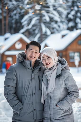 ((8K, RAW Photos, Photography, Photorealistic, Highest Quality, Intricate Details)), Fullbody shot, of A 25 year old Korean man (light white skin, Ideal body, fit body, medium hair, wearing a winter jacket, side by side with a 25 year old Korean woman (with white hijab, gray winter jacket), they smile facing the camera, with levi lapland view in the background, Near sunrise, 800mm lens, realistic, hyperrealistic, photography, professional photography, deep photography, ultra HD, ultra high quality, best quality, midway quality, HDR photo, focus photo, deep focus, ultra detailed, real photo, original photo, ultra sharp, nature photo, masterpiece, award winner, shot with hasselblad x2d --ar 2:3