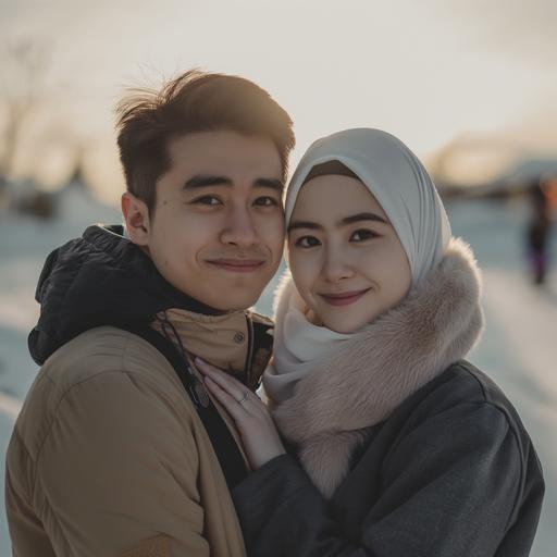 ((8K, RAW Photos, Photography, Photorealistic, Highest Quality, Intricate Details)), Medium shot, of A 25 year old Korean man (light white skin, Ideal body, fit body, medium hair, wearing a winter jacket, side by side with a 25 year old Korean woman (with white hijab, gray winter jacket), they smile facing the camera, with levi lapland view in the background, Near sunrise, 800mm lens, realistic, hyperrealistic, photography, professional photography, deep photography, ultra HD, ultra high quality, best quality, midway quality, HDR photo, focus photo, deep focus, ultra detailed, real photo, original photo, ultra sharp, nature photo, masterpiece, award winner, shot with hasselblad x2d — 2:3 --v 6.0