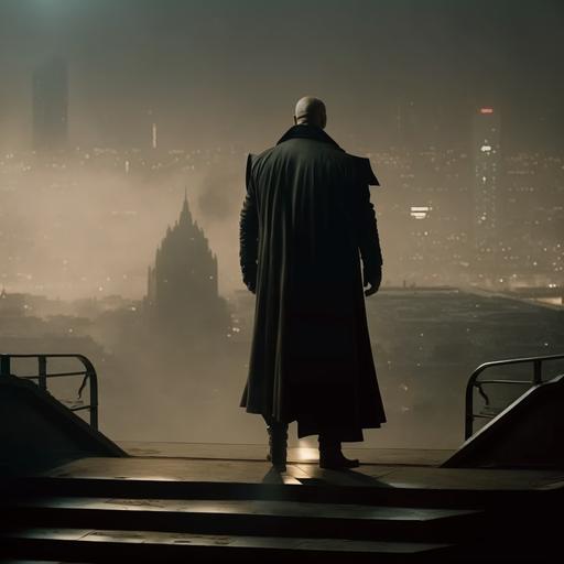 8K UHD film shot of chuck mcgill, bald, black suit and cape, standing on landing pad with futuristic city in background, inspired by Blade Runner and Star Wars