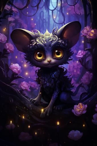 8K, high resolution, an adorable curious but shy alien lemur hiding in the glowing purple flower jungle, smooth black skin, slightly chubby, wearing fairycore clothes with intricate gold leaf filigree, glowing symmetrial body tattoos, anthropomorphic --ar 2:3