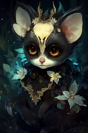 8K, high resolution, an adorable curious but shy alien lemur hiding in the glowing iridescent flower jungle, smooth black skin, slightly chubby, wearing fairycore clothes with intricate gold leaf filigree, glowing symmetrial body tattoos, anthropomorphic --ar 2:3