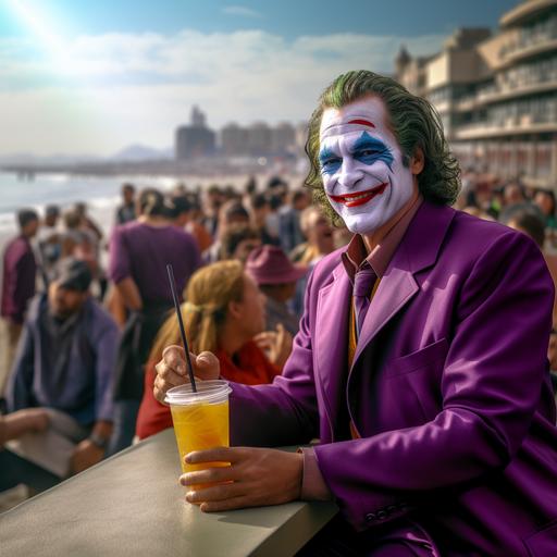 8K hyperrealistic. Joaquin Phoenix as the Joker, smiling, dressed in his purple suite, walking across the beach of Copacabana in Rio de Janeiro, with lots of people sunbathing. The sky is blue and sunny. Joker is holding a Capirinha Drink in a glass