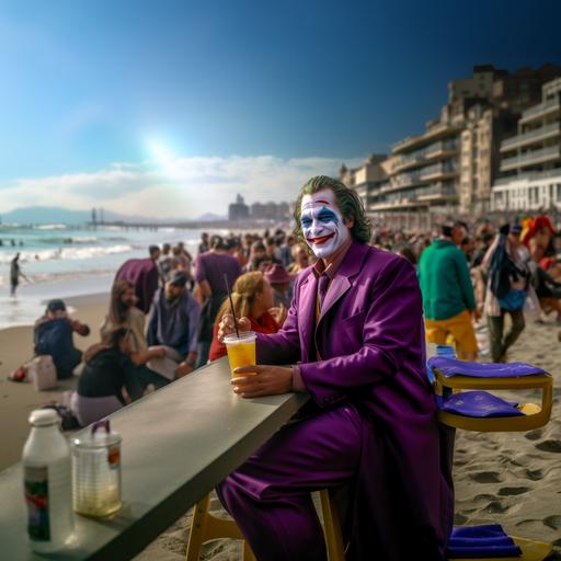 8K hyperrealistic. Joaquin Phoenix as the Joker, smiling, dressed in his purple suite, walking across the beach of Copacabana in Rio de Janeiro, with lots of people sunbathing. The sky is blue and sunny. Joker is holding a Capirinha Drink in a glass