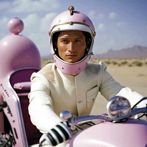 8K, wes anderson directed, grand budapest hotel style, global illumination, cinematic, intricate detail, color, grading, beautifully color-coded, depth of field, insane details, cinematic lighting, hyper-realistic harry shum jr. asian man wearing a white gucci outfit and pink helmet, he is sitting on a pink vespa with a sidecar, desert background