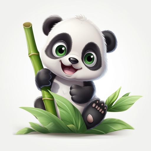 8k , High quality , cartoon. Chibi .illustrate a playful baby panda rolling on its back with a bamboo shoot nearby On white background