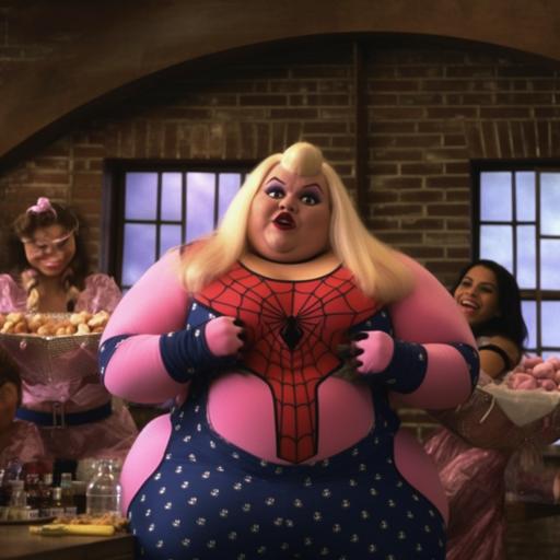8k, UDHR, high definition film still, Divine, fat, plays Spider-Gwen, Across the Spiderverse, Directed by John Waters