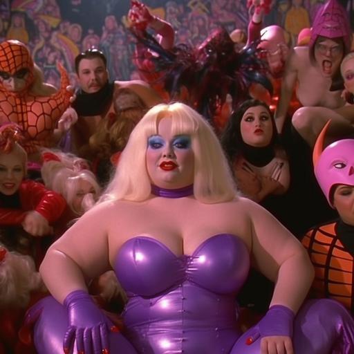 8k, UDHR, high definition film still, Divine, fat, plays Spider-Gwen, Across the Spiderverse, Directed by John Waters