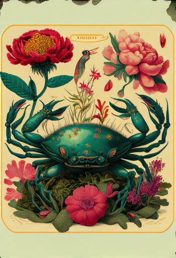 8k, Vintage asymmetrical tarot card illustration collage, ephemera Victorian, traditional cutout collage with flowers, of a crab , tattooed, tattoo, plants sprouting from head, fungi, dali, weird, ephemera, mark Ryden, Surreal,Studio Ghibli, Anime, vibrant, colorful, ultra detailed, 4k, unreal engine 5 --v 4 --ar 2:3 --upbeta --ar 5:7 --ar 5:7