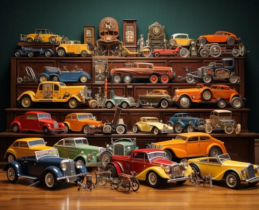 8k, detailed, photo, hyper-realistic collection of colorful vintage Wind-up model car toys --ar 21:17