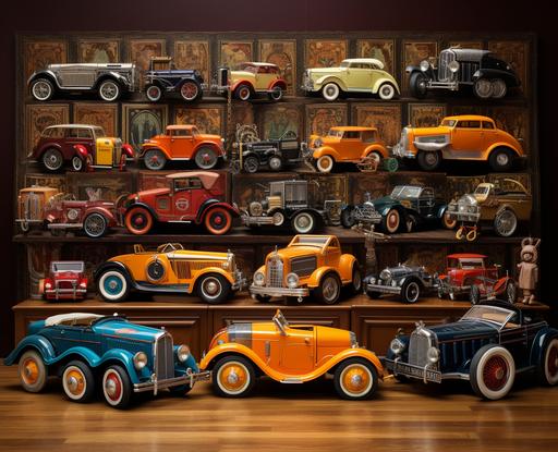 8k, detailed, photo, hyper-realistic collection of colorful vintage Wind-up model car toys --ar 21:17