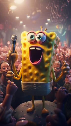 8k, detailed, photo, hyper-realistic picture of Spongebob singing through microphone, with alot of people watching him in the background --aspect 9:16