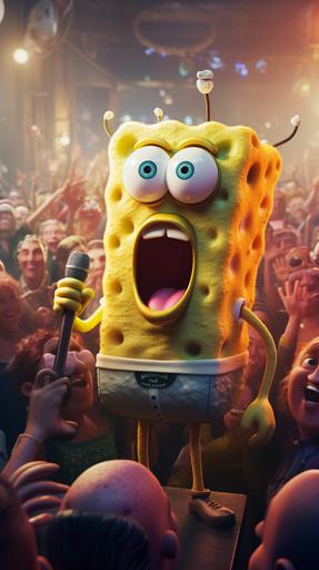 8k, detailed, photo, hyper-realistic picture of Spongebob singing through microphone, with alot of people watching him in the background --aspect 9:16