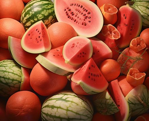 8k, detailed, photo, hyper-realistic picture of a large collection of cut pieces of watermelon, papaya, red guava, cantaloupe, honeydew --ar 21:17 --v 5.2