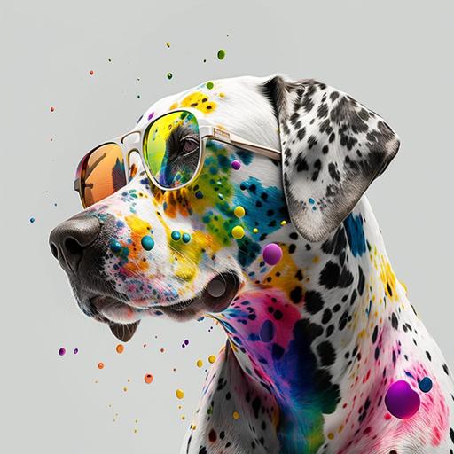 8k hd ultra realistic ray tracing dalmation dog wearing sunglasses with raindbow colorful spots pattern on body beautiful painting