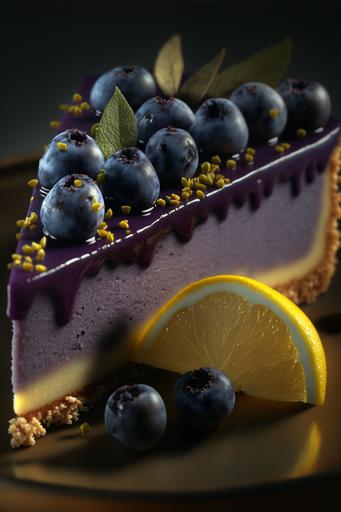 8k, high definition, a Piece of delectable purple Blueberry lemon Cheesecake, crust, blueberries, lemon slices - Photorealistic, Closeup, High Angle, sharp focus, ultra realistic, cinematic lighting, octane render, unreal engine --ar 2:3 --v 4 --q 2