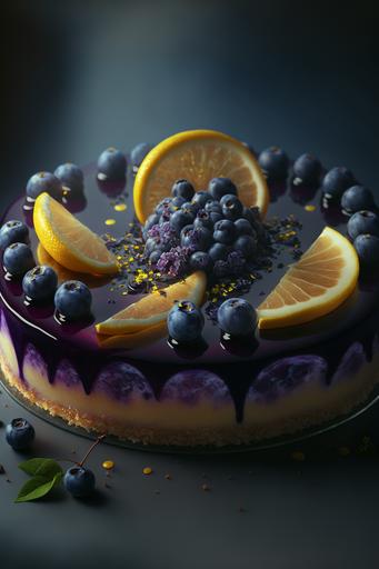 8k, high definition, a delectable purple Blueberry lemon Cheesecake, crust, blueberries, lemon slices - Photorealistic, Closeup, High Angle, sharp focus, ultra realistic, cinematic lighting, octane render, unreal engine --ar 2:3 --v 4 --q 2