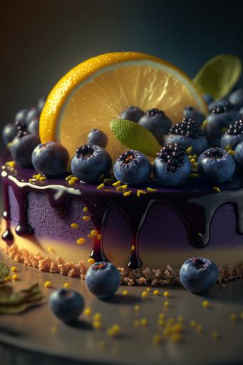 8k, high definition, a delectable purple Blueberry lemon Cheesecake, crust, blueberries, lemon slices - Photorealistic, Closeup, High Angle, sharp focus, ultra realistic, cinematic lighting, octane render, unreal engine --ar 2:3 --v 4 --q 2