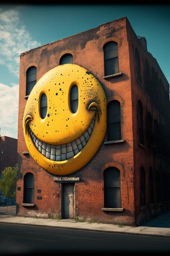 8k, high definition, a large Yellow Smiley Face, made of paint splashed on the side of a brick building, city background - Photorealistic, Zoomout, sharp focus, ultra realistic, cinematic lighting, octane render, unreal engine --ar 2:3 --v 4 --q 2