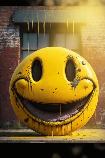 8k, high definition, a large Yellow Smiley Face, made of paint splashed on the side of a brick building, city background - Photorealistic, Zoomout, sharp focus, ultra realistic, cinematic lighting, octane render, unreal engine --ar 2:3 --v 4 --q 2