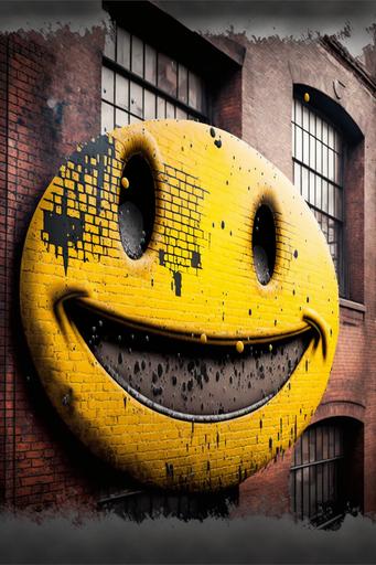 8k, high definition, a large Yellow Smiley Face, made of paint splashed on the side of a brick building, city background - Photorealistic, Zoomout, sharp focus, ultra realistic, cinematic lighting, octane render, unreal engine --ar 2:3 --v 4 --q 2