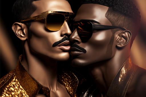8k highly realistic photography, experimental high fashion photography two handsome macho black men with chiseled jawlines and high cheekbones, thick mustaches and thick eyebrows wearing modeling luxury black and gold VR sunglasses. gay agenda, intimate, kissing, hugging --ar 3:2 --s 100