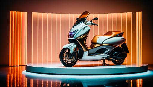 8k luxury editorial style photo, clean realistic studio setting with rounded corners, high ceiling, abstract background, parked black ultra detailed Yamaha scooter on a circular podium, neon lighting, slightly wet floor, hi-tech, photorealistic, futuristic, innovative, cinematic shot, depth of field, professional color grading, low saturation, center the camera on the scooter, leave plenty of space above the scooter --ar 16:9 --no cartoon, 3d, unreal engine, rendering, octane, people, over saturated, high contrast, heavy shadows, very dark, cropped scooter, text